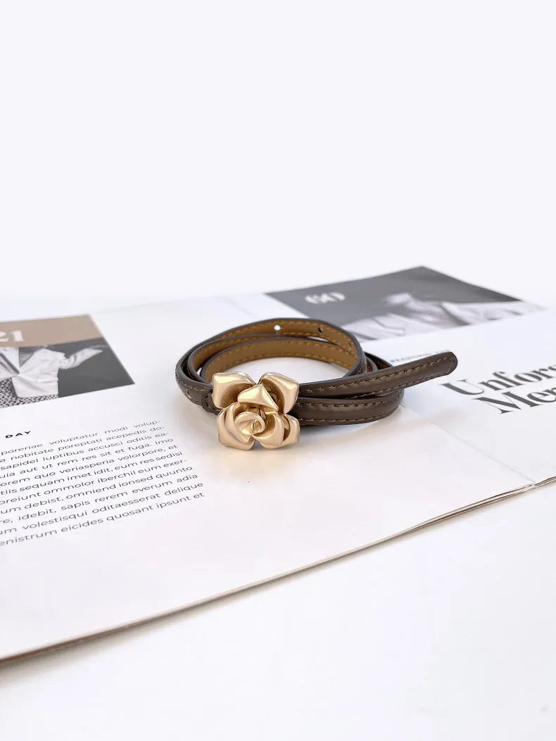 Double Sided Metal Flower Buckle Thin Belt for Women