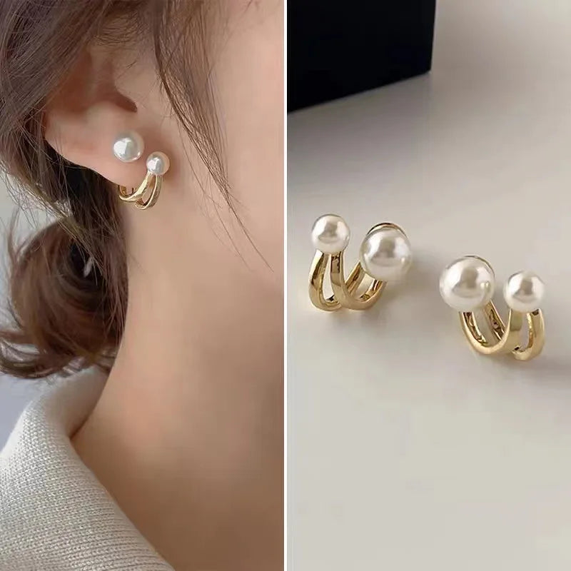 Gold Tone Pearl Geometric Stud Earrings