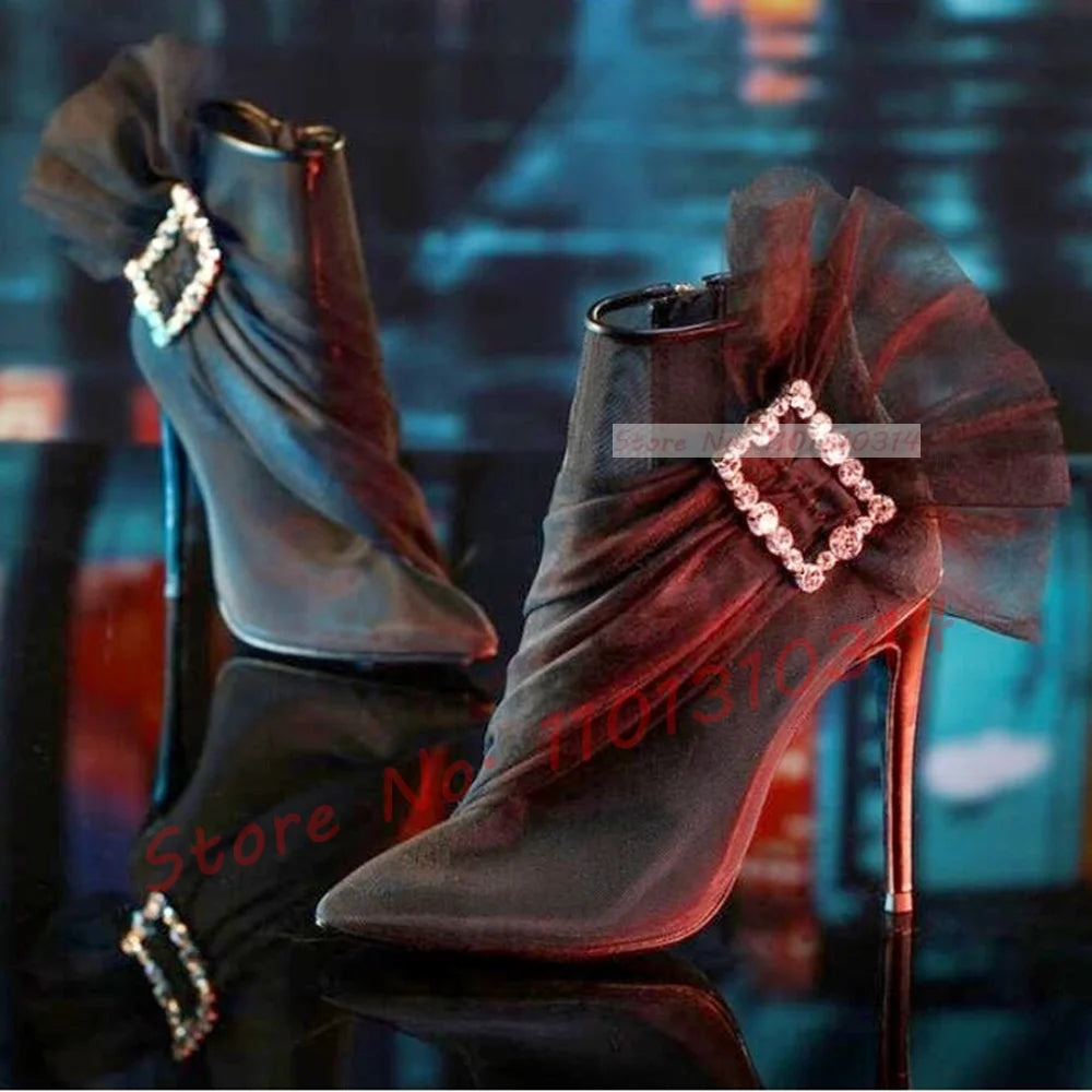See Through Mesh Crystal Buckle Ankle Booties for Women