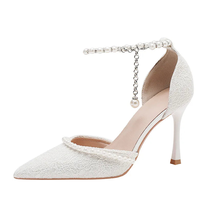 White Pearl Buckle Pointed Bridal Heels