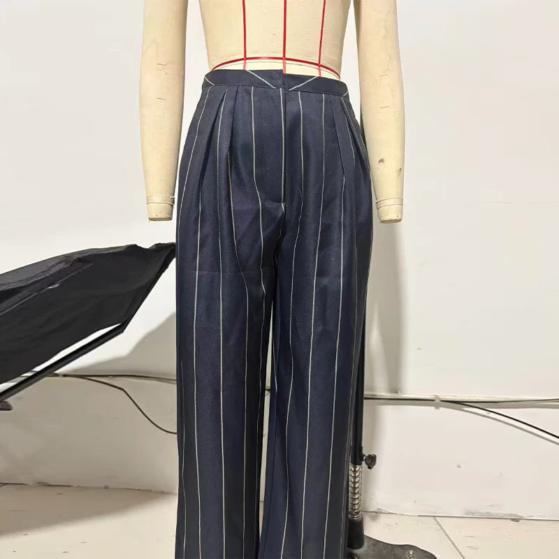 Elegant Striped Two Piece Coat and Pants Set for Women