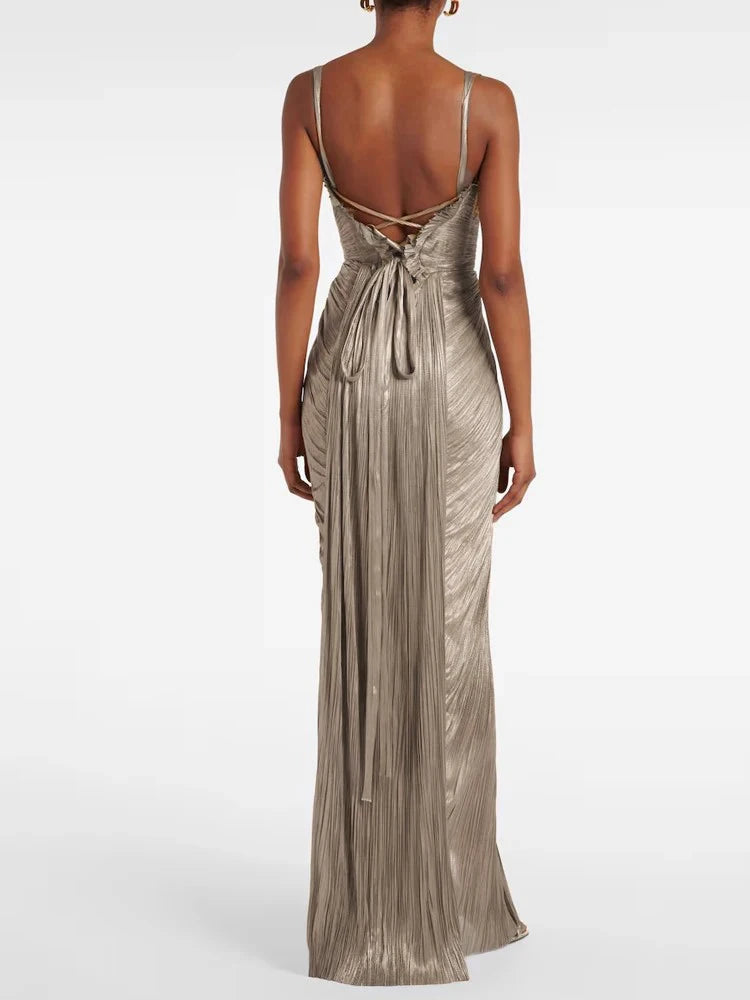 Casual Sleeveless Backless Lace-Up Party Dress Sexy V-neck Draped Slim Suspender Dress Women Elegant Hight Waist Prom Long Dress