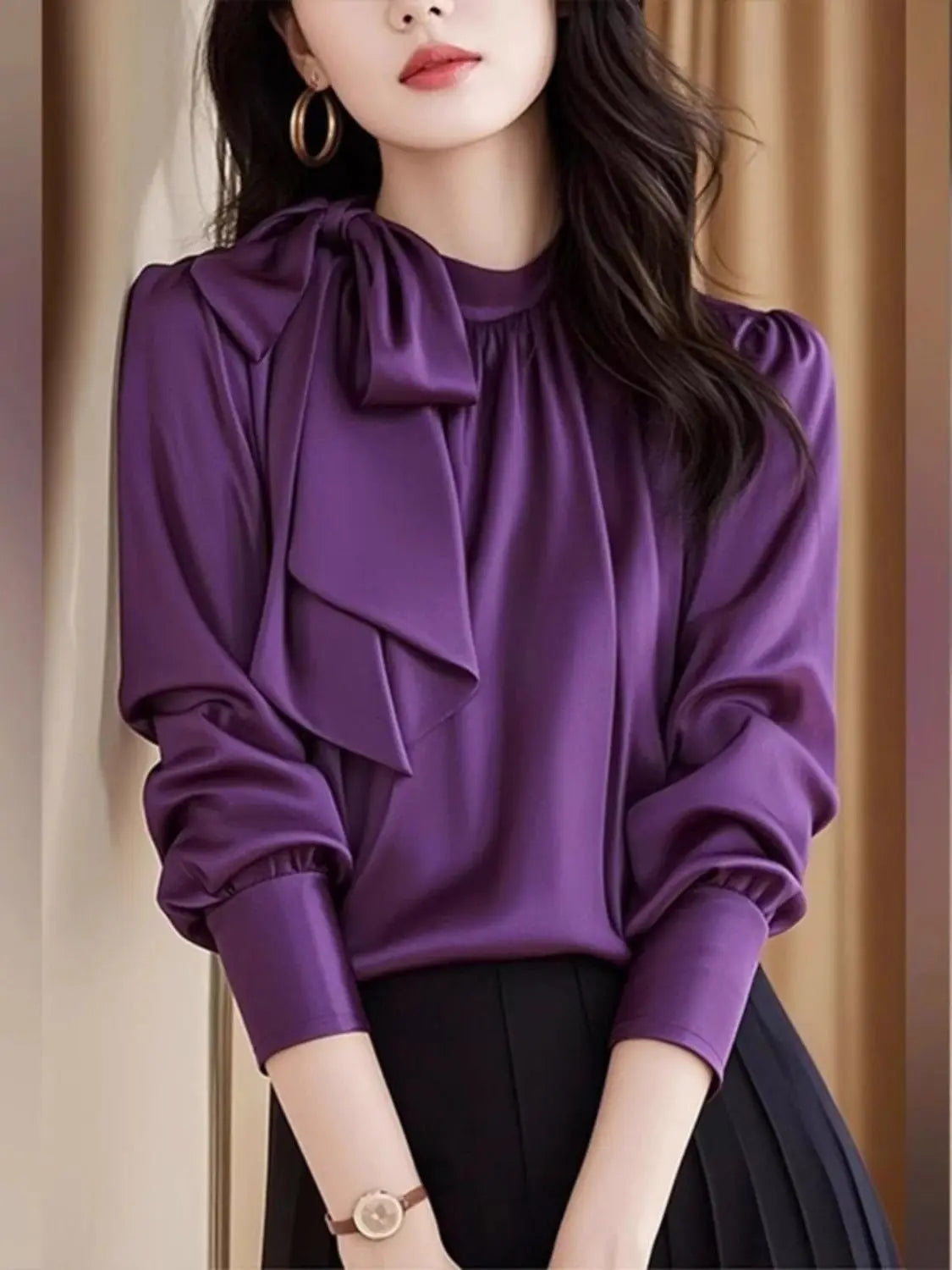 Elegant Purple Satin Blouse With Delicate Bow Accent For Women