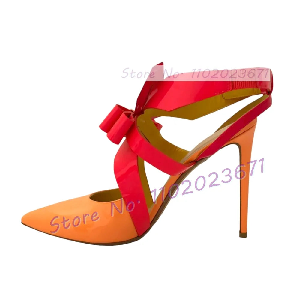 Multicolor Patent Leather Slingback Sandals Women Fashion Folding Bowknot Pointy Toe High Heels Sandals Party Chic Lovely Shoes