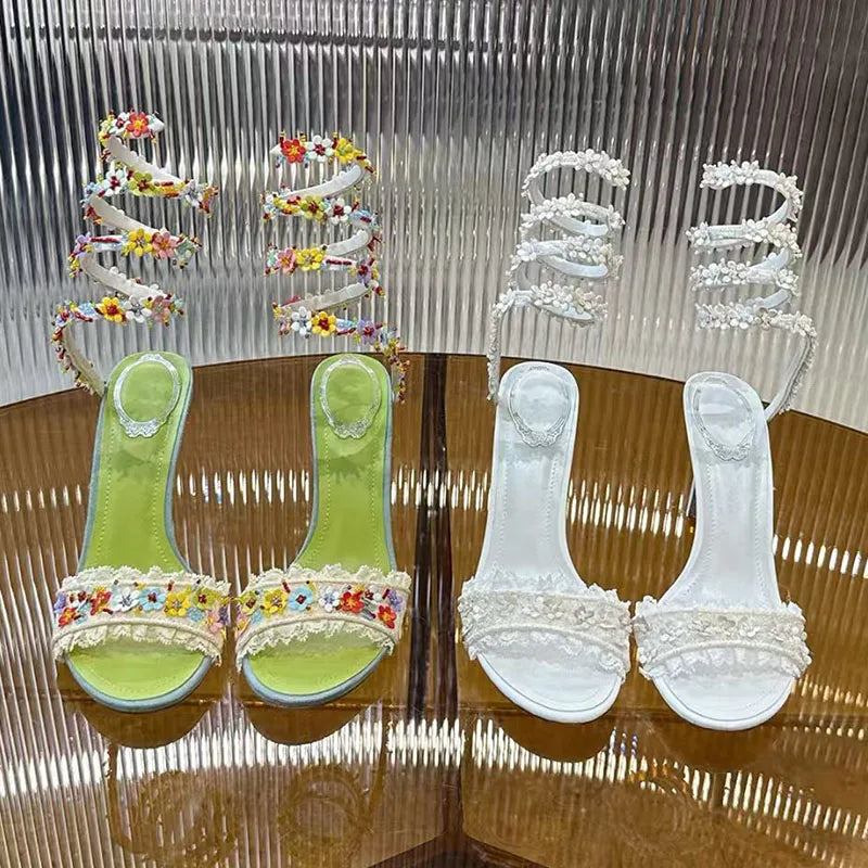 Elegant Floral Lace Strappy Stiletto Sandals for Women