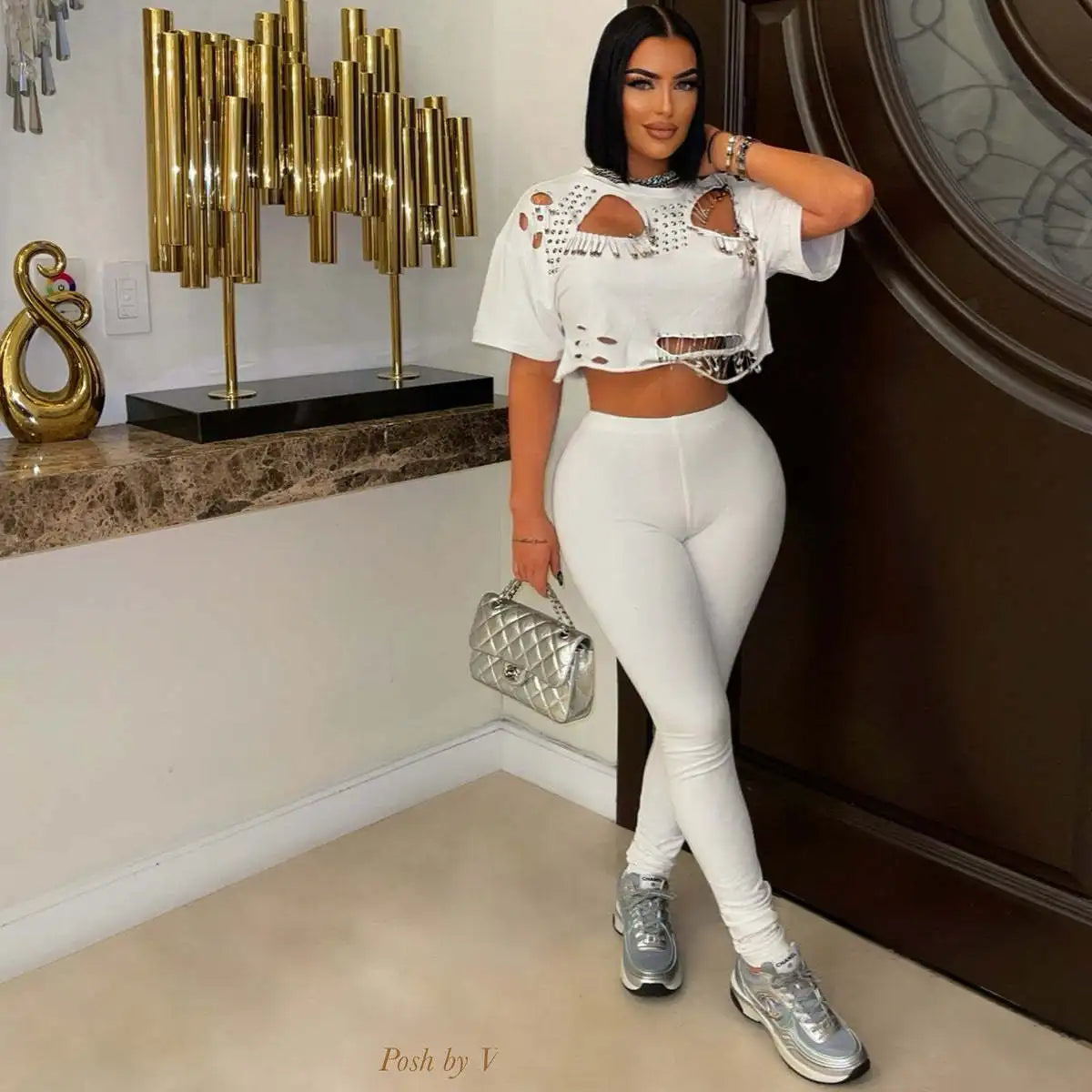 Casual Short Sleeve Hollow Out Two-Piece Tracksuit for Women