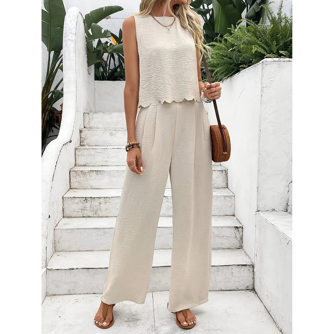 Vintage Hawaiian Print Casual Two-Piece Set for Women