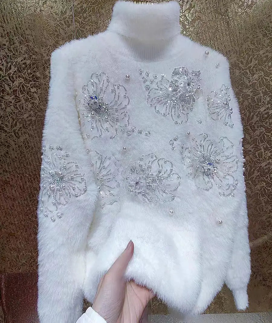 High-end Beads Sequined Stitch Thick Faux Fur Turtleneck Sweater for Women Autumn/Winter New Knit Outwears Pullovers Jumpers