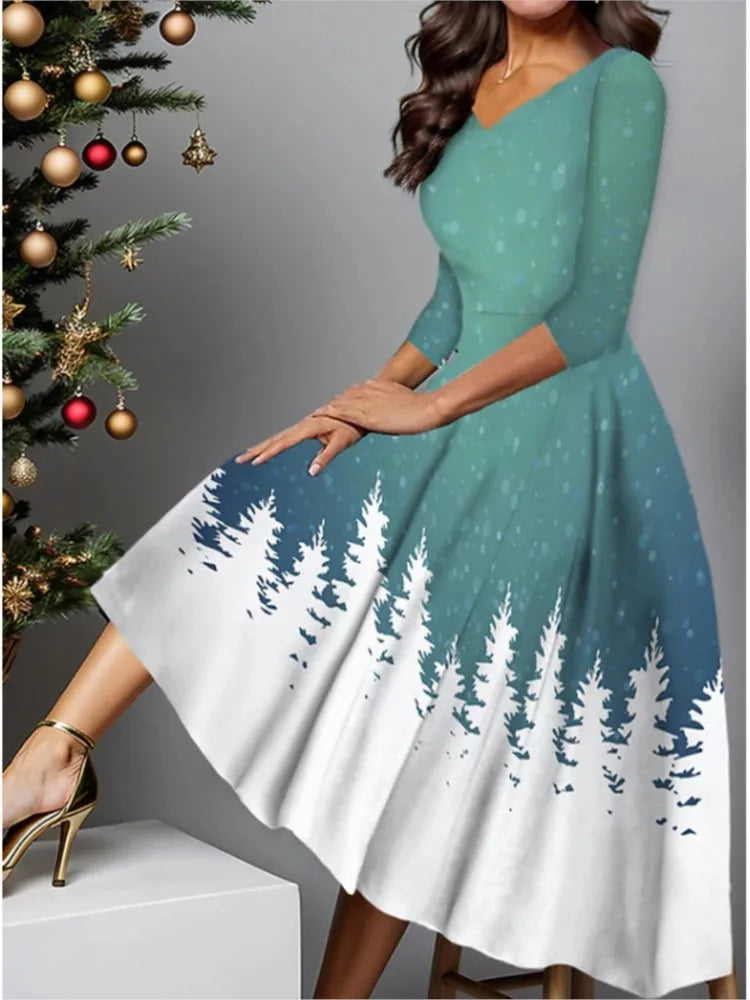 Autumn Snowflake Print V Neck Midi Swing Dress for Women