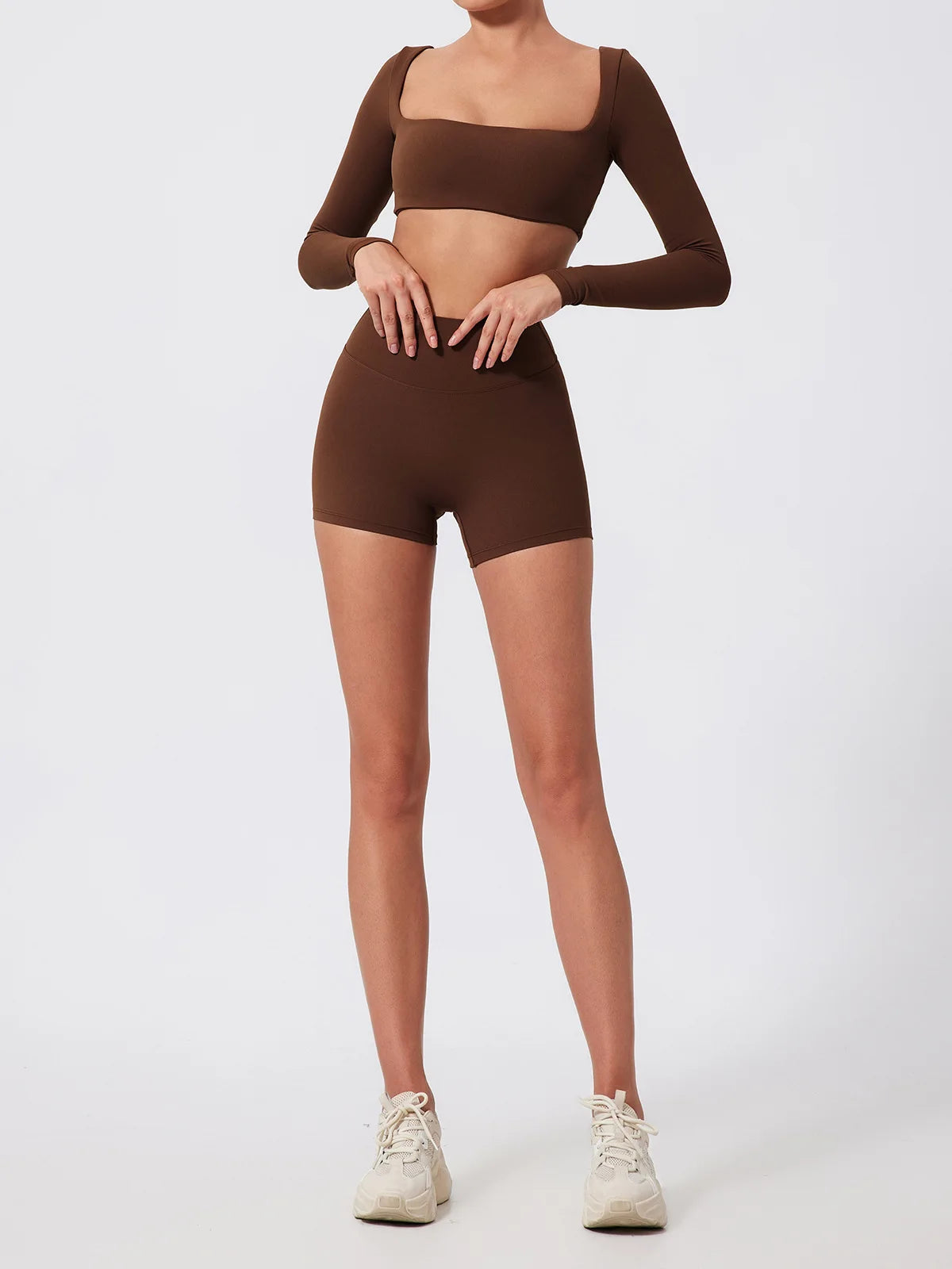 Sporty Solid U-Neck Crop Top and Shorts Two-Piece Set for Women