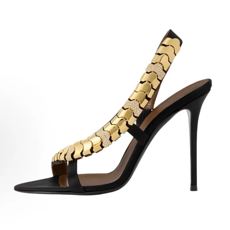 Glamorous Gold Chain Rhinestone Slingback Stiletto Heels for Women