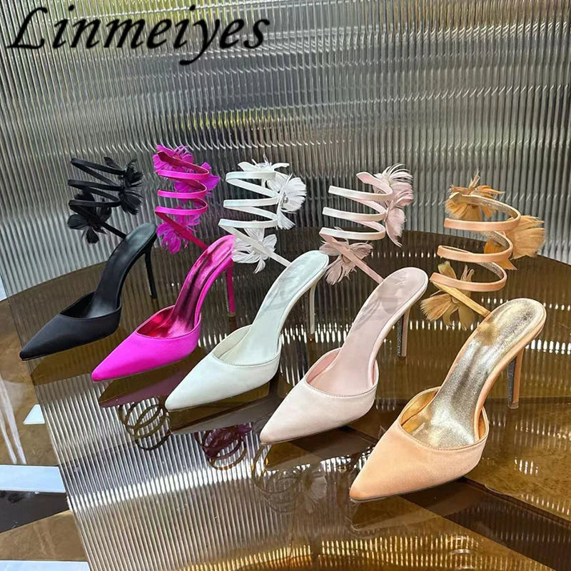 Rhinestone Feather Flower Embellished Ankle Strap High Heel Sandals for Women