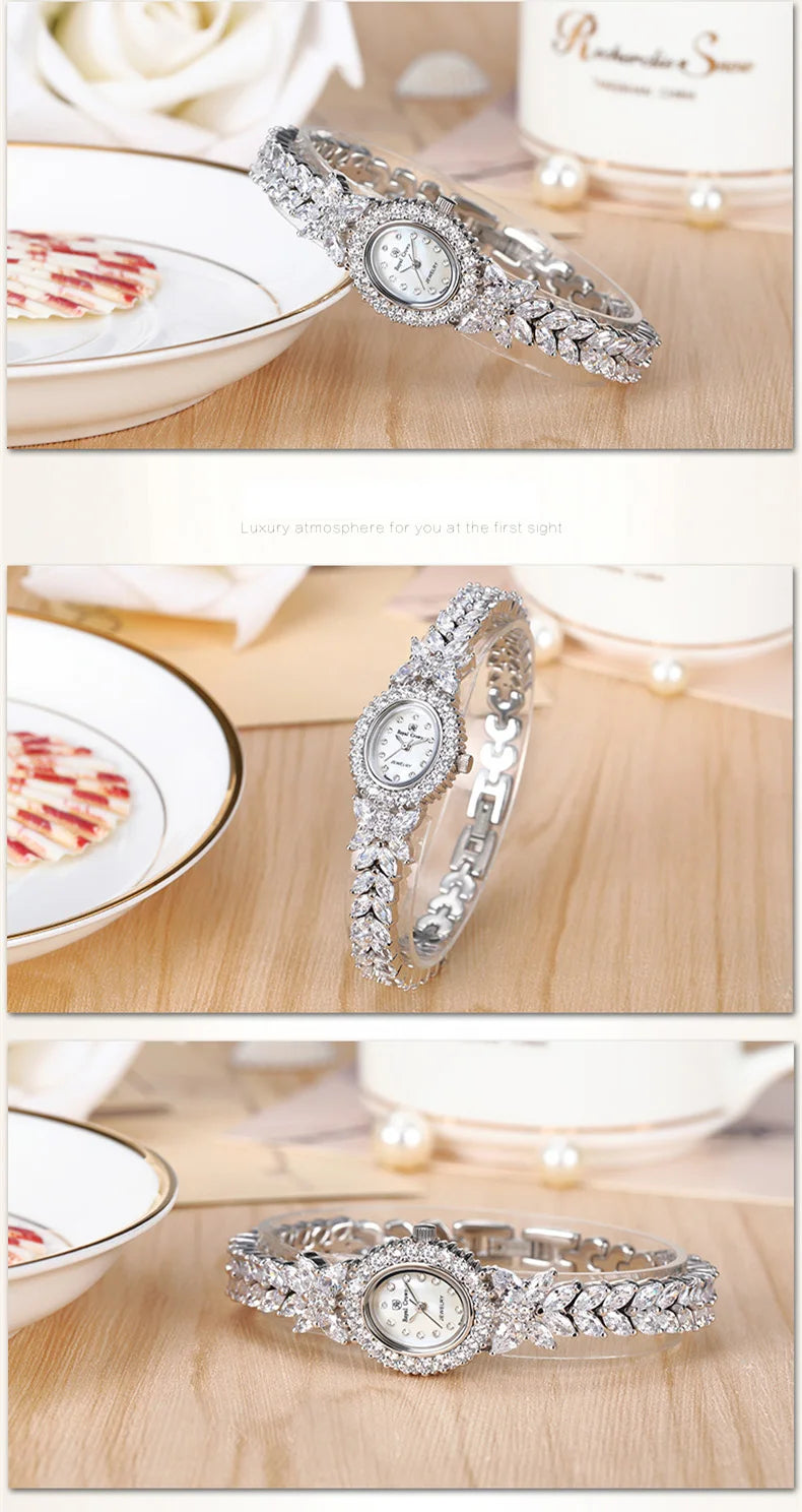 Small Luxury Prong Setting Women's Watch Fine Fashion Hours Mother of Pearl Bracelet Crystal Girl's Gift Royal Crown Box