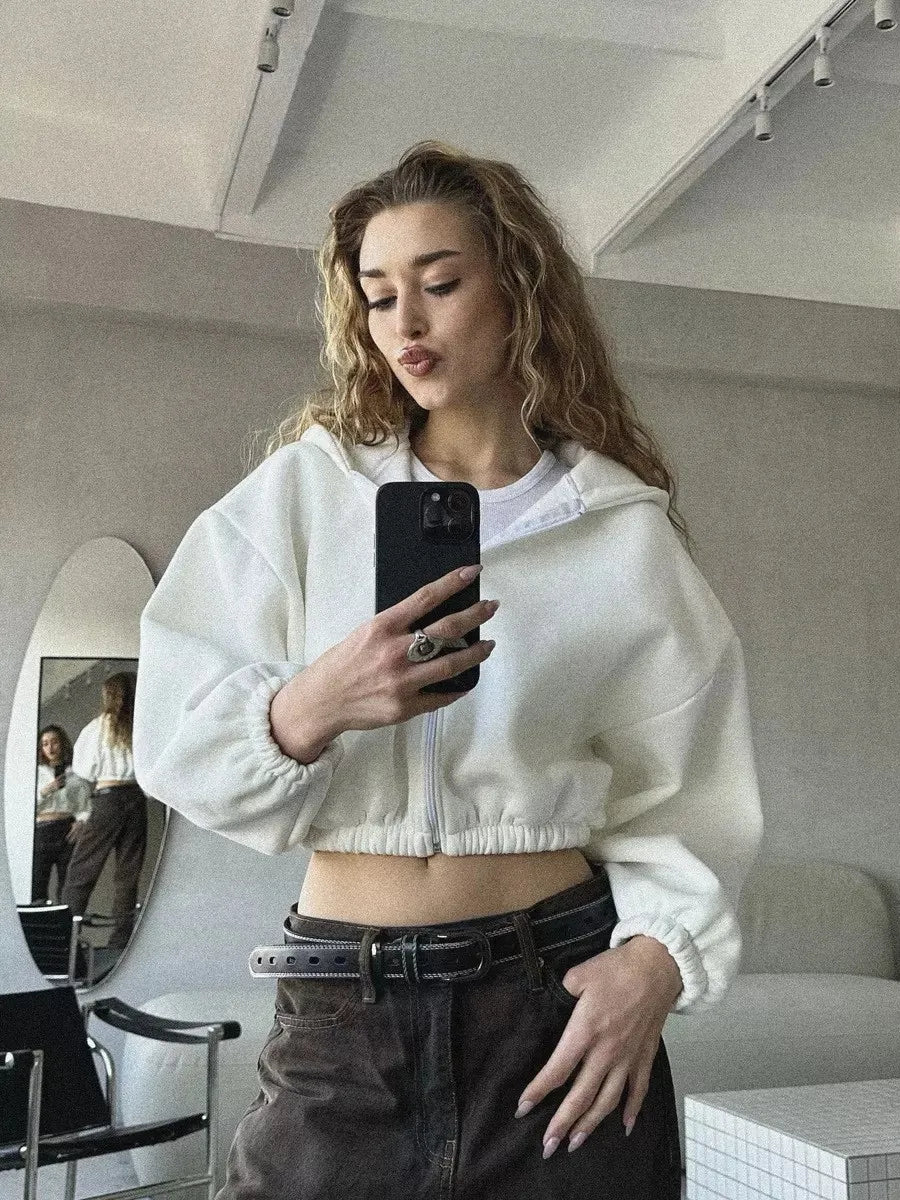 Cropped Zipper Hooded Sweatshirt Jacket With Long Sleeves for Women