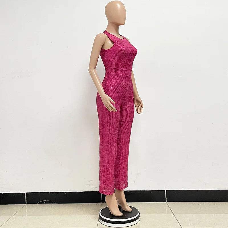 Elegant Silver Sequined Straight Cut Jumpsuit for Women