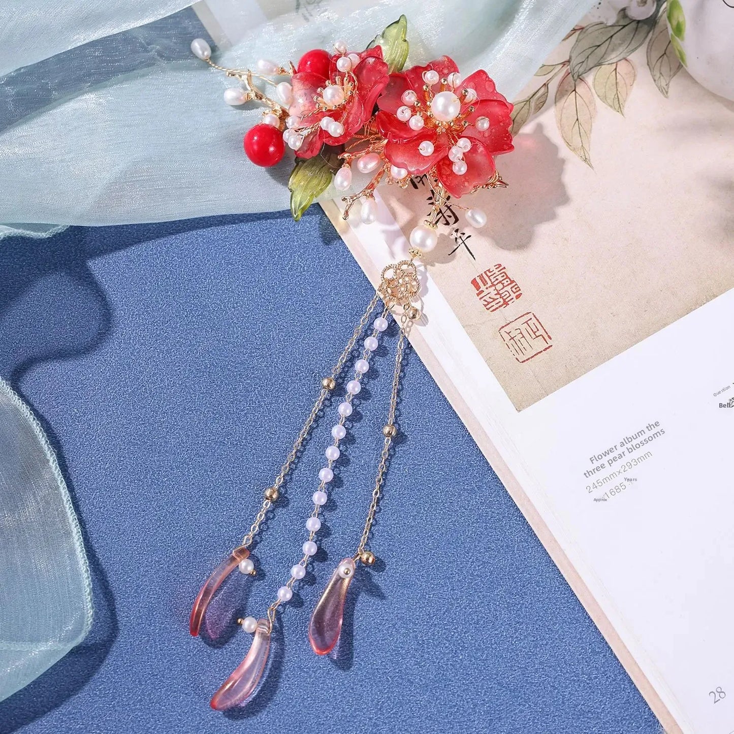 Red Flower Tassels Hair Comb Set