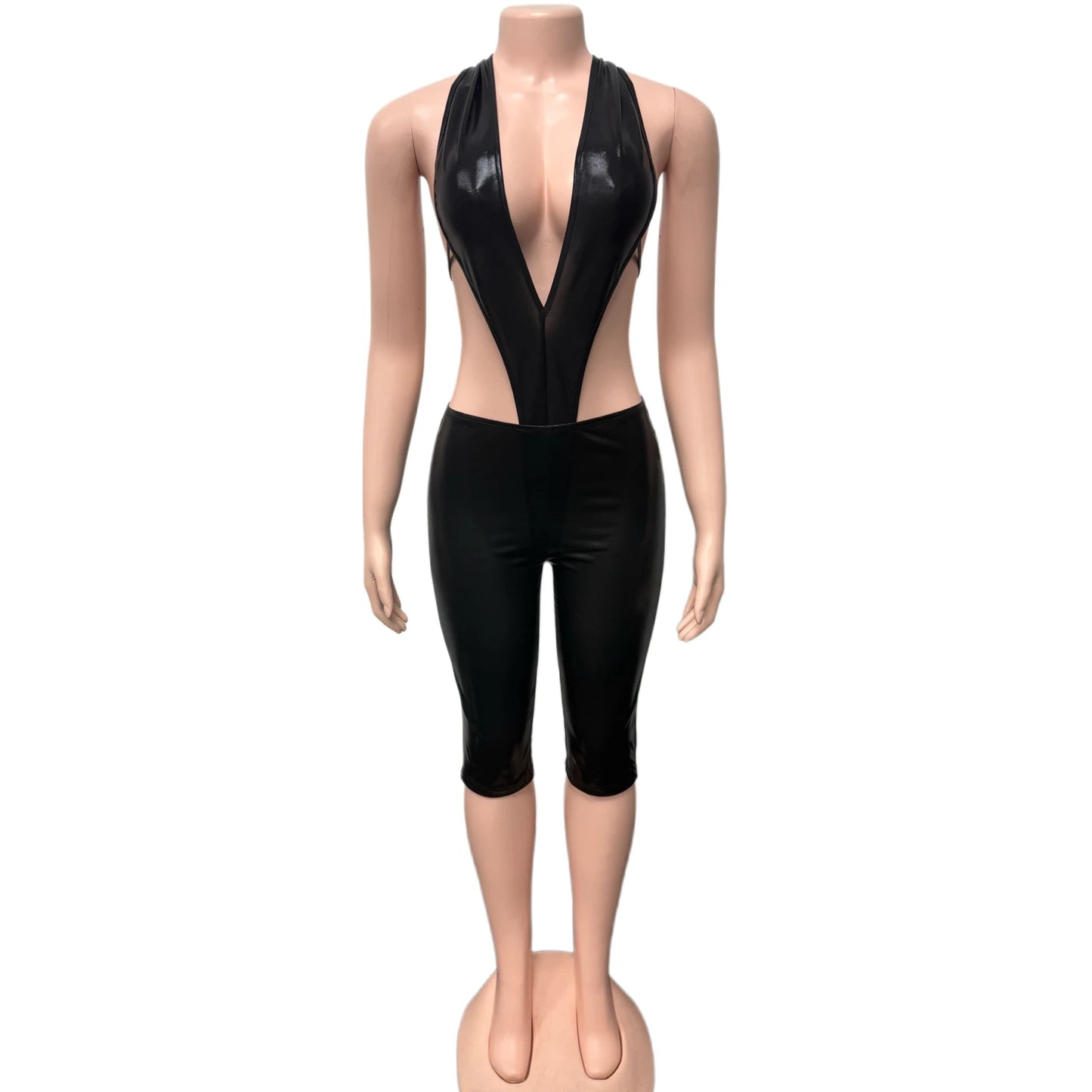 Weird Puss Sexy Women 2 Piece Set Halter Silky Hollow Sexy Backless Sleeveless Bodysuit+Bike Shorts Midnight Matching Clubwear