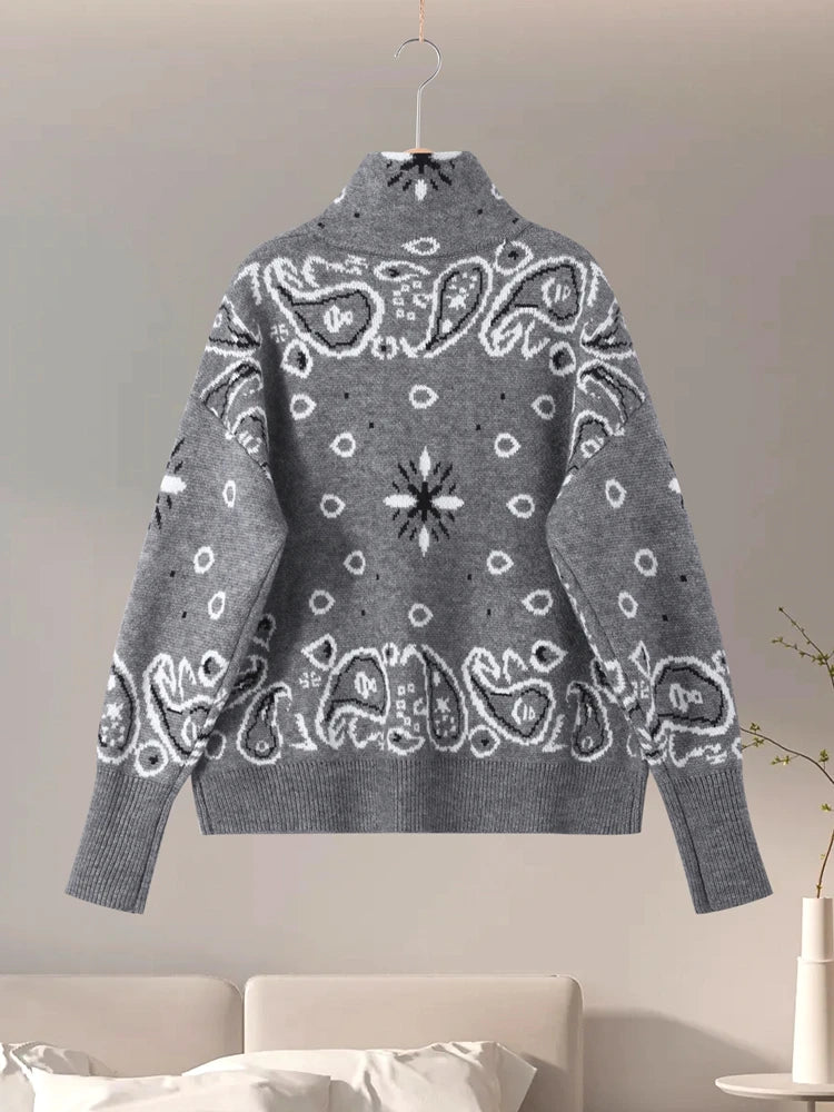 Loose Jacquard Cardigan With Stand Collar And Zipper Pockets For Women