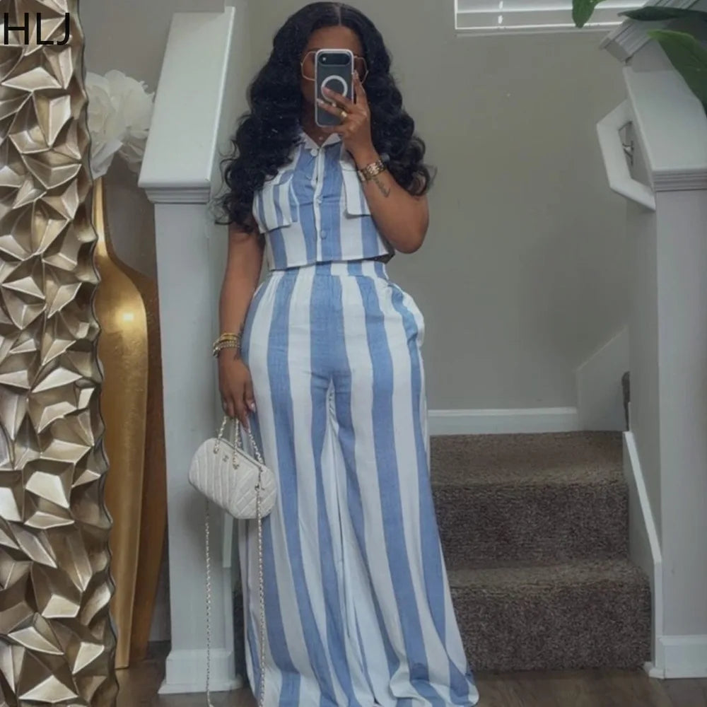 Striped Crop Top and Wide Leg Pants Two Piece Set for Women