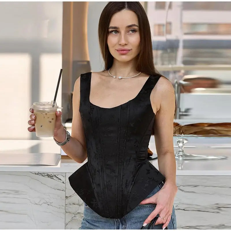 Waist Cinched Jacquard Fishbone Corset Top For Women