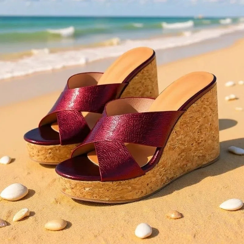 Waterproof Wood Pattern Cross Belt Wedge Platform Slippers for Women