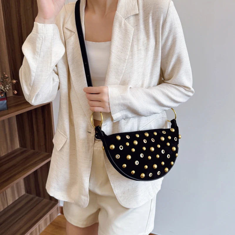 Faux Suede Rivet Half Moon Shoulder Bag for Women