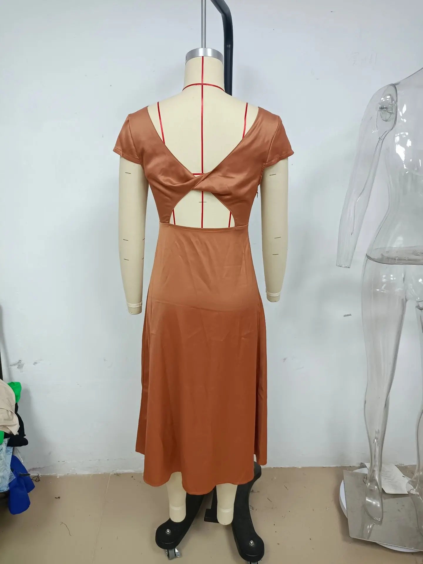 Elegant Solid Color Satin Slim Backless Slit Dress for Women