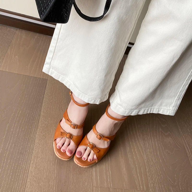 Elegant Apricot Buckle Platform Thick Heel Wedge Sandals for Women