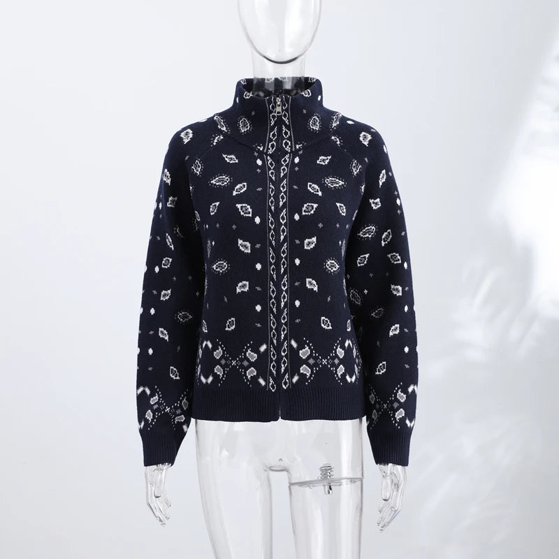 Vintage Printed Knit Stand Collar Zip Cardigan for Women