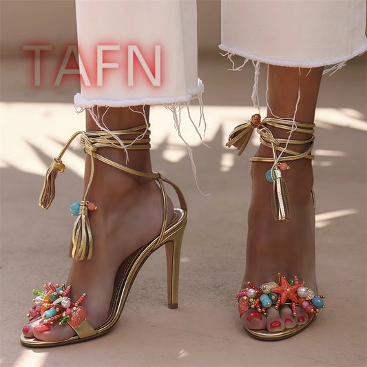 Shell Starfish Tassel Lace-Up Heels