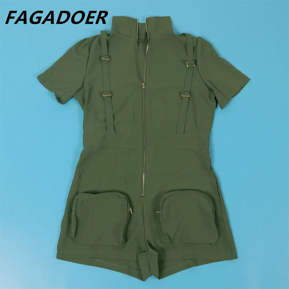 Solid Color Pocket Cargo Short Sleeve V Neck Romper for Women