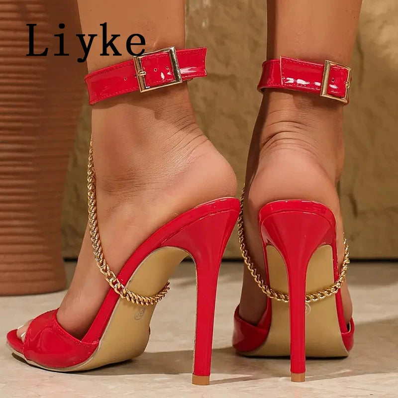 Metal Chain Buckle Strap Open Toe Sandals for Women