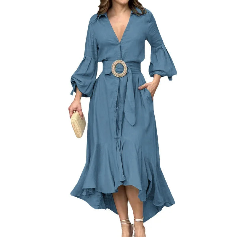 Casual Summer Dress With Turn Down Collar And Pockets for Women