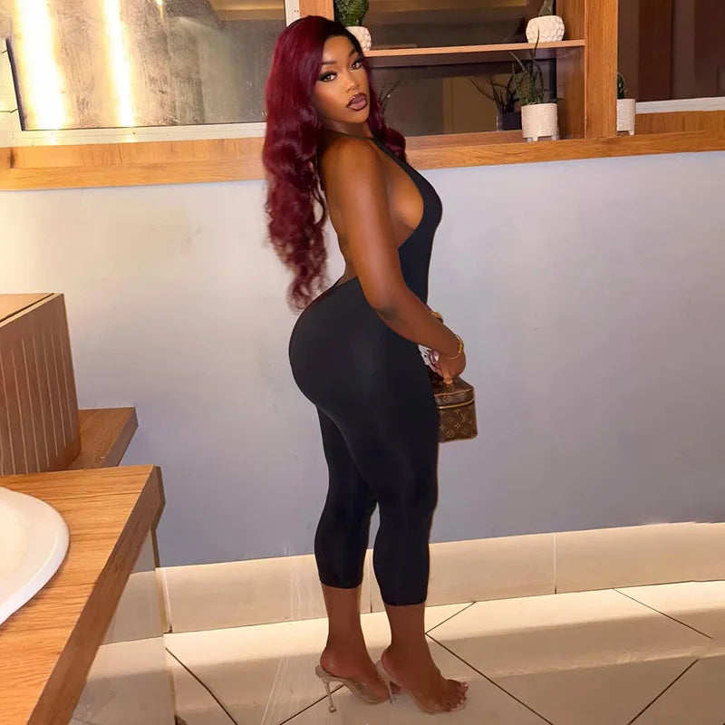 Sexy Solid Color Halter Sleeveless Backless Bodycon Jumpsuit for Women