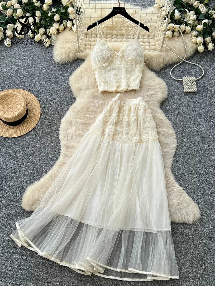 3D Floral Lace Camisole and Pleated Skirt Set for Women