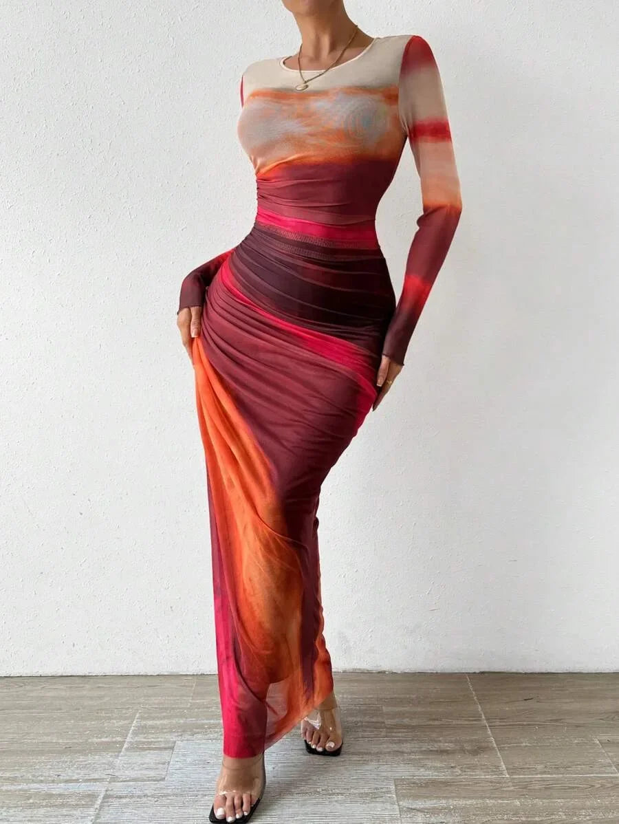 High Waist Dresses for Woman Fashion Printed Sexy Tight Fitting Slit Round Neck Dress Long Sleeves Skirt Streetwear Autumn 2024