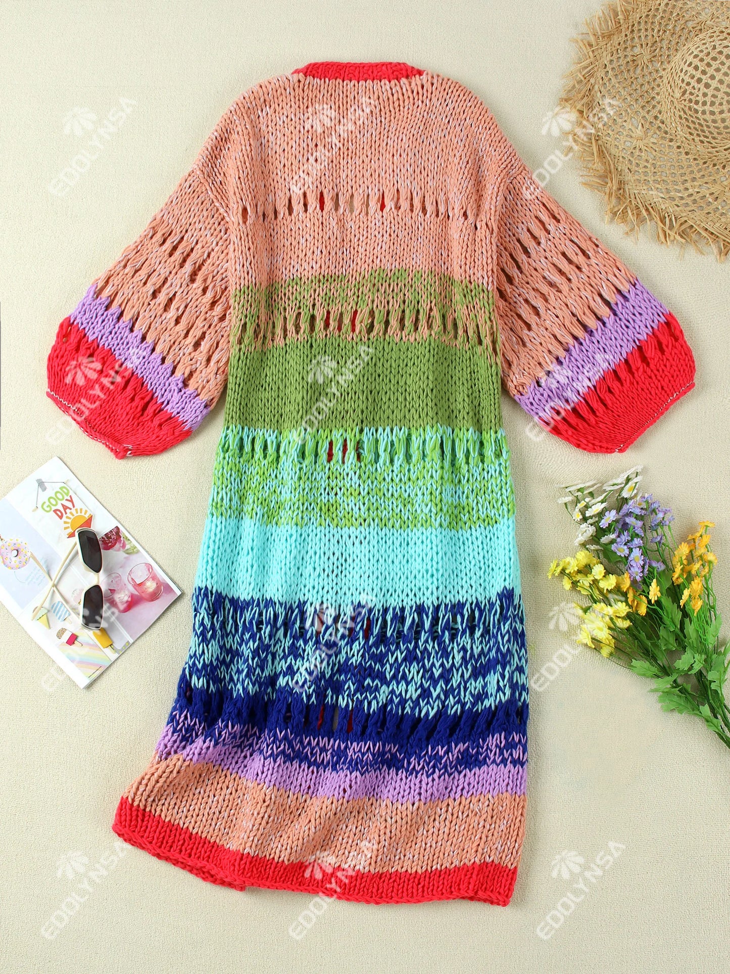 Boho Colorful Luxuriously Handknit Bell Sleeve Crochet Loose Kimono Cardigan 2024 Women Fall Winter Coat Beach Coverup Dress K12