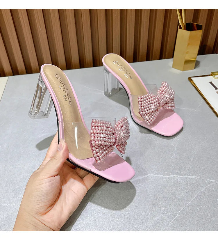 Pink Pearl Bow Design Clear Crystal High Heels for Women
