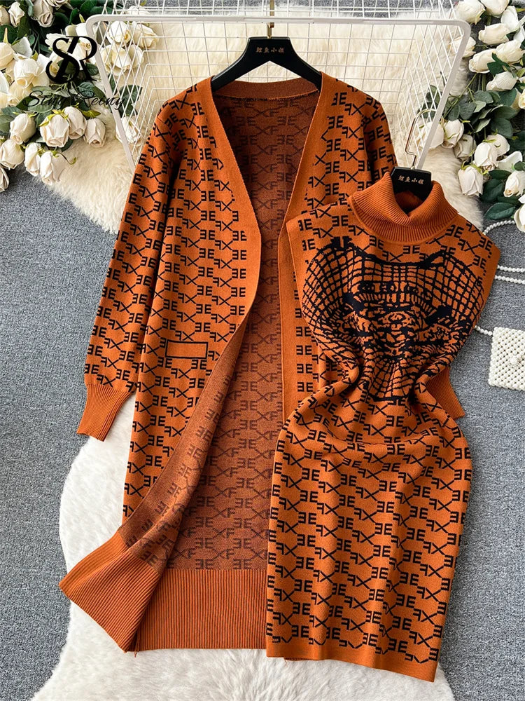 Cozy Winter Knit Dress And Cardigan