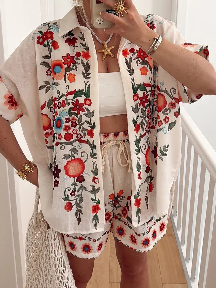 Women Cardigan Top Shorts Two Pieces Sets, Summer Holiday Fashion Half Sleeve Chic Outfit, 2025 Print Elastic Waist Ladies Suits