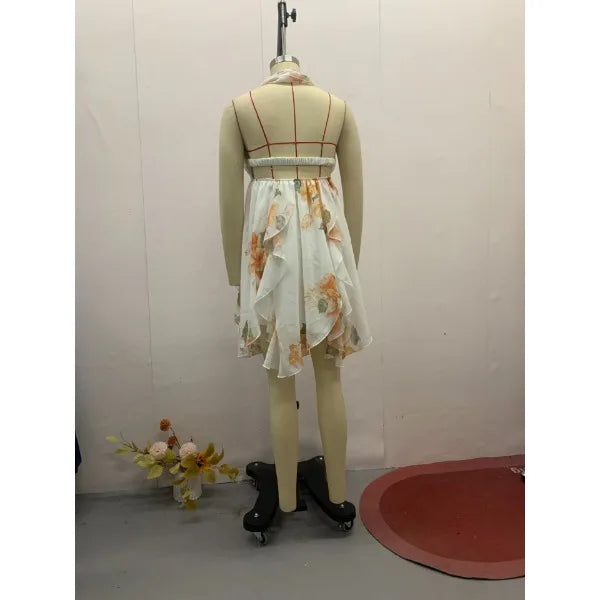 Casual Mini Dress for Women 2025 Summer Print Pleat Scarf Collar Chic Sleeveless Off Shouder Short Vestido Lady Party Beach Robe