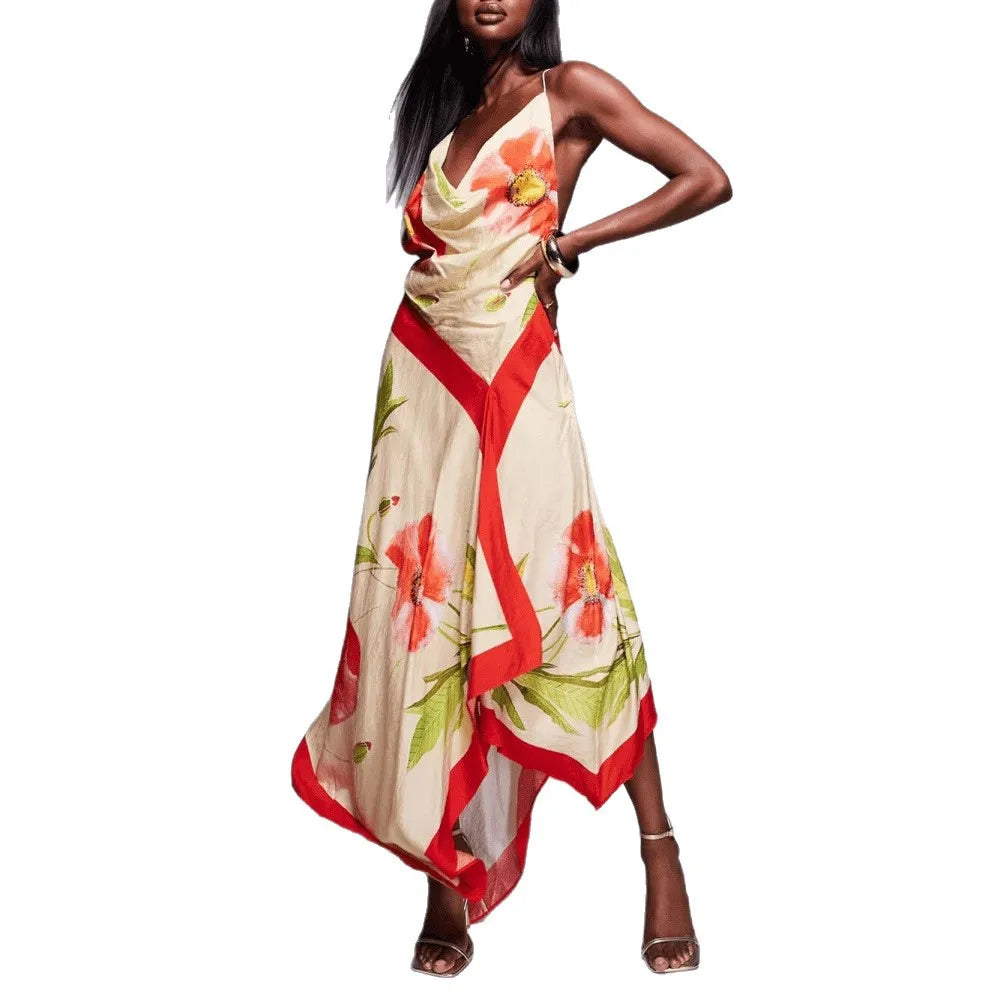 Floral Print Spaghetti Strap Backless Dress for Women