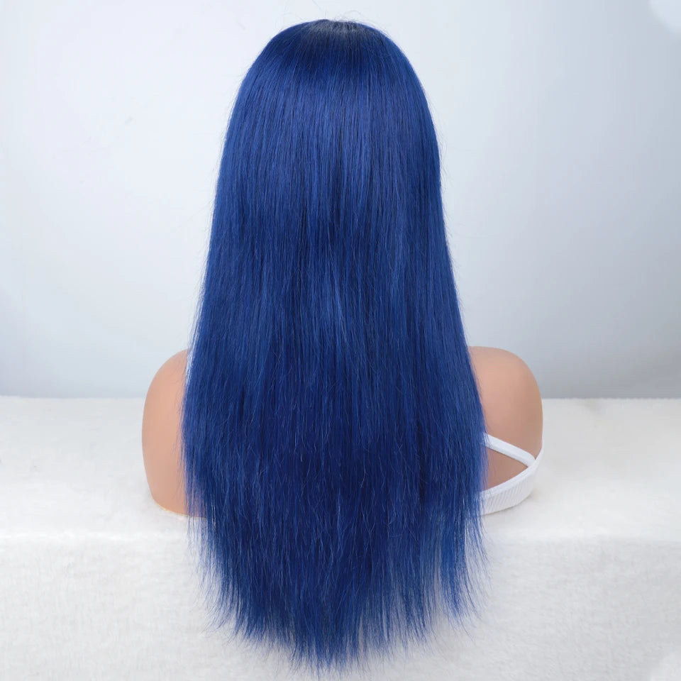 Blue Long Straight Human Hair Wig With Bangs for Women