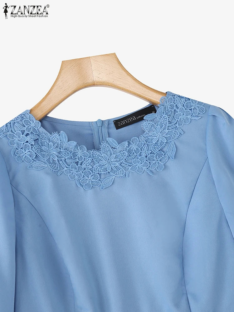 Lace Patchwork Three Quarter Sleeve Peplum Blouse for Women