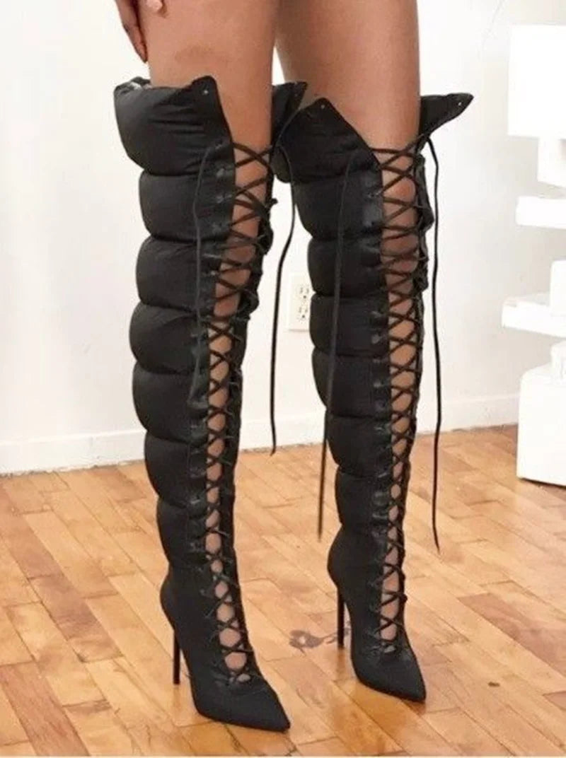 Black Over The Knee Lace Up Stiletto Boots For Women
