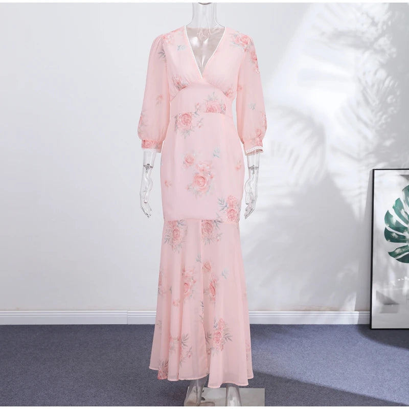 Elegant Print Pleated Puff Sleeve V Neck Long Dress for Women