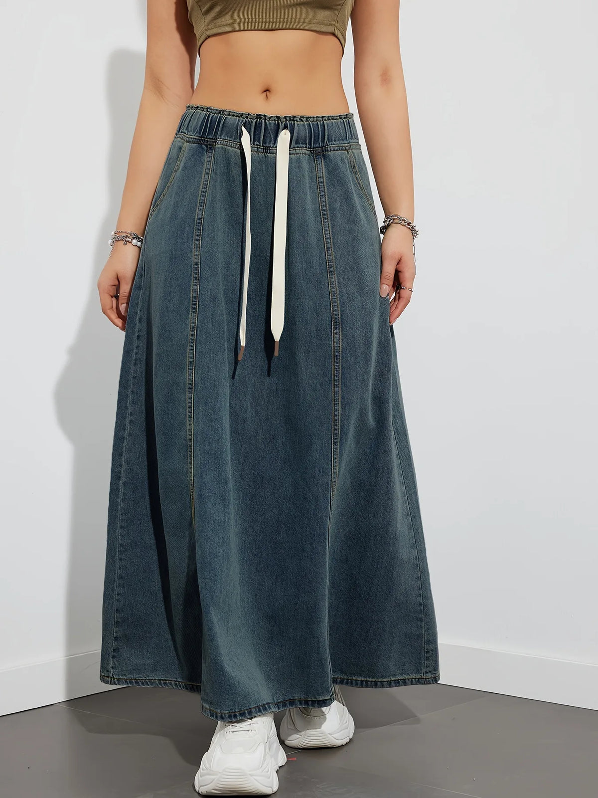 Elastic Waist Lace Up Loose Casual Denim Maxi Skirt for Women