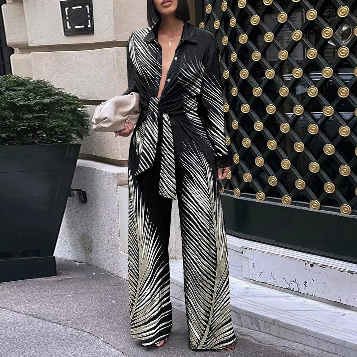 Striped Blouse And Pants Two Piece Outfit Set for Women