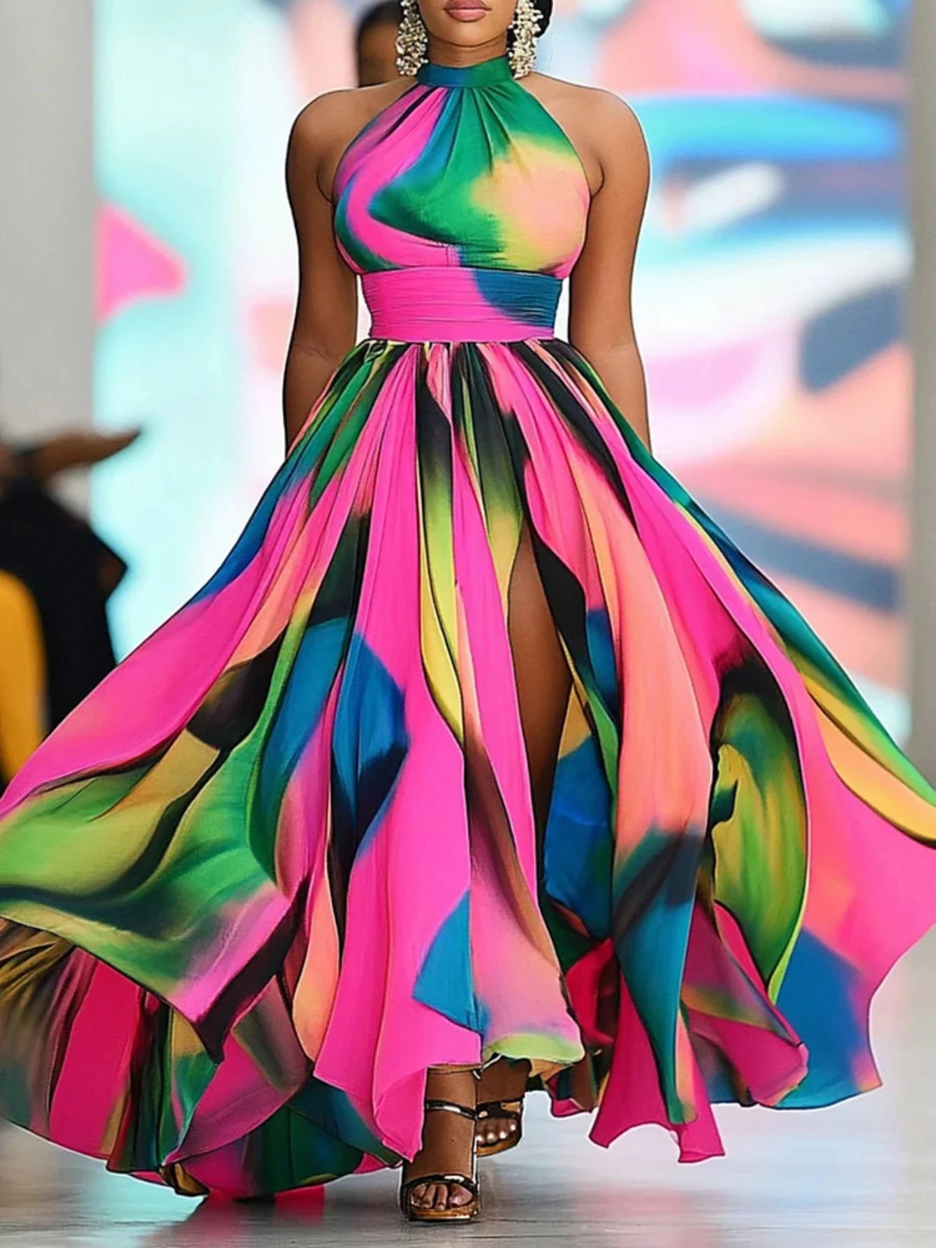 Women Halter Neck Printed Maxi Dress With High Front Slit For Runway Show Formal Evening Prom And Vacation Occasion