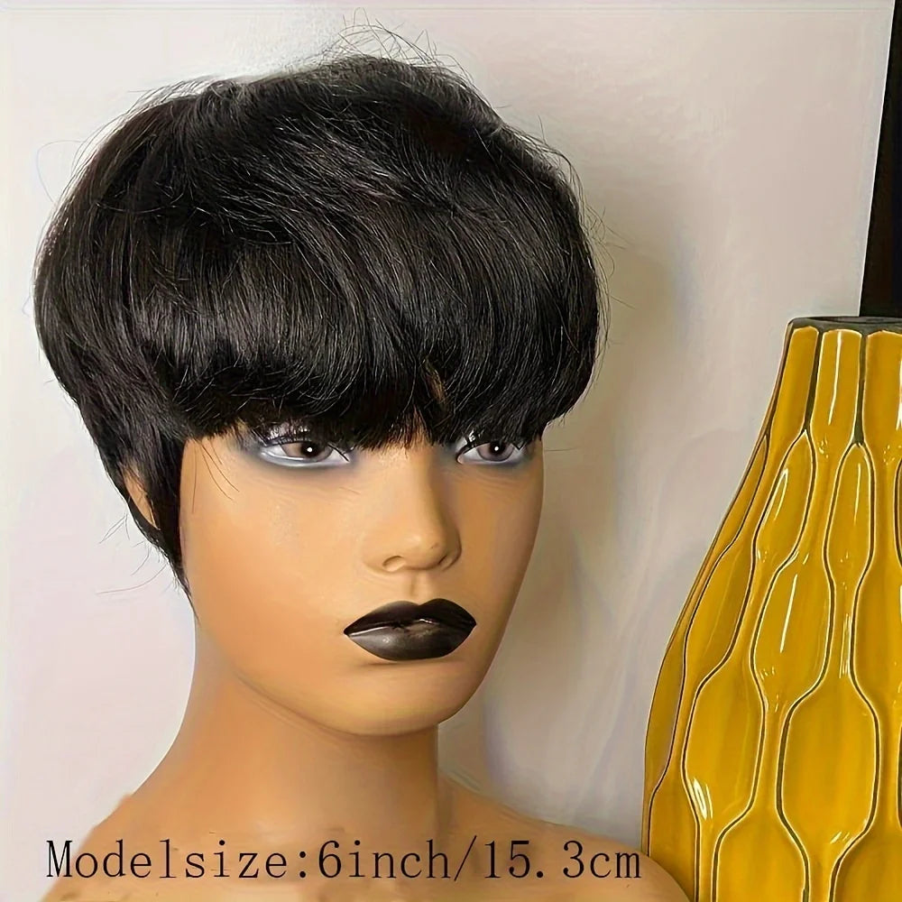 Pixie Cut Wig with Bangs Brazilian Remy Human Hair Natural Black Short Bob Style Full Machine Made wig